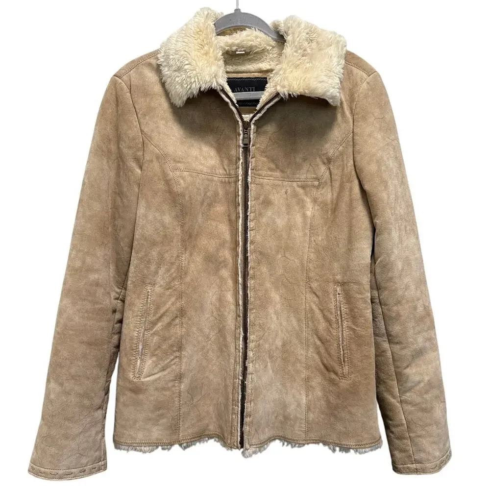 Avanti Vintage 90s Penny Lane Faux Fur Camel Suede Leather Jacket Size Large - Picture 2 of 10